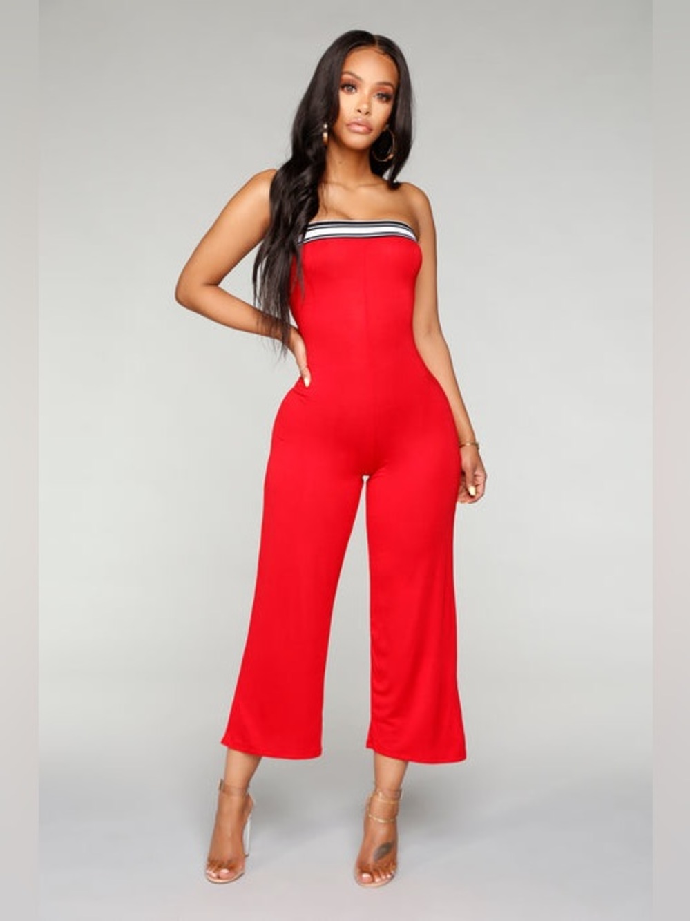 Strapless Red Jumpsuit with Striped Top Band